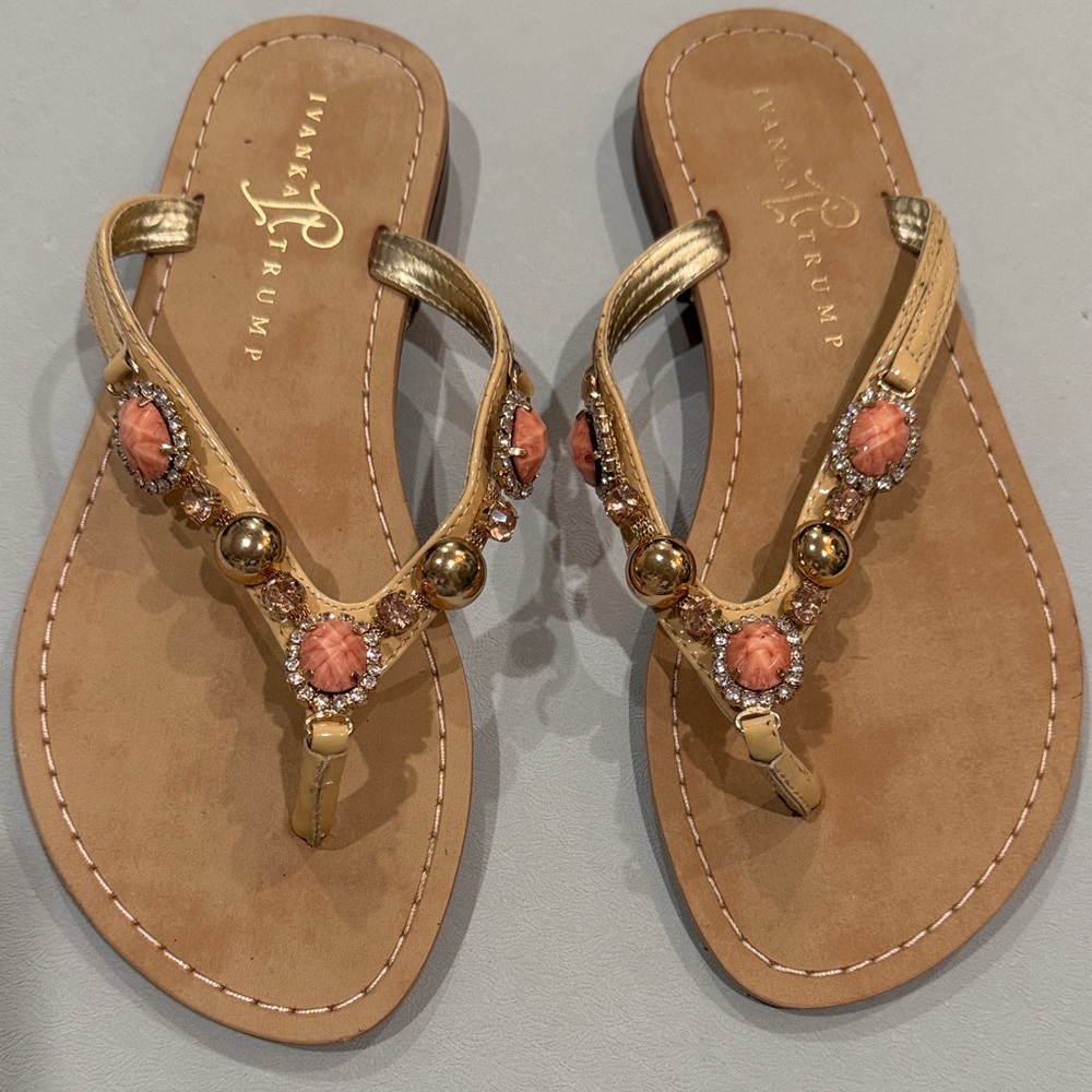 Gold and Coral Embellished Sandals